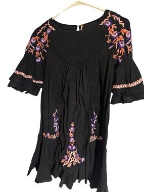 Free People Black dress with Purple & Peach Floral Embroidery P2P16